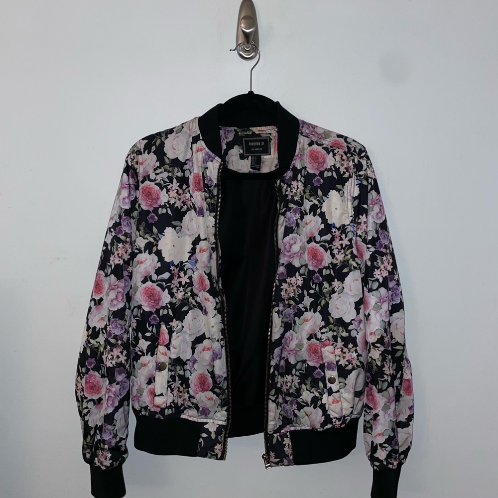 Forever 21 Black and Pink Floral Bomber Jacket
